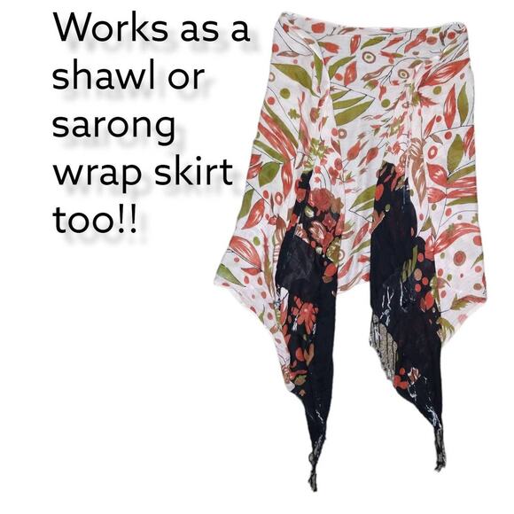 White Floral Gauze Scarf with Fringe Lightweight Wrap Shawl Sarong - Picture 3 of 3